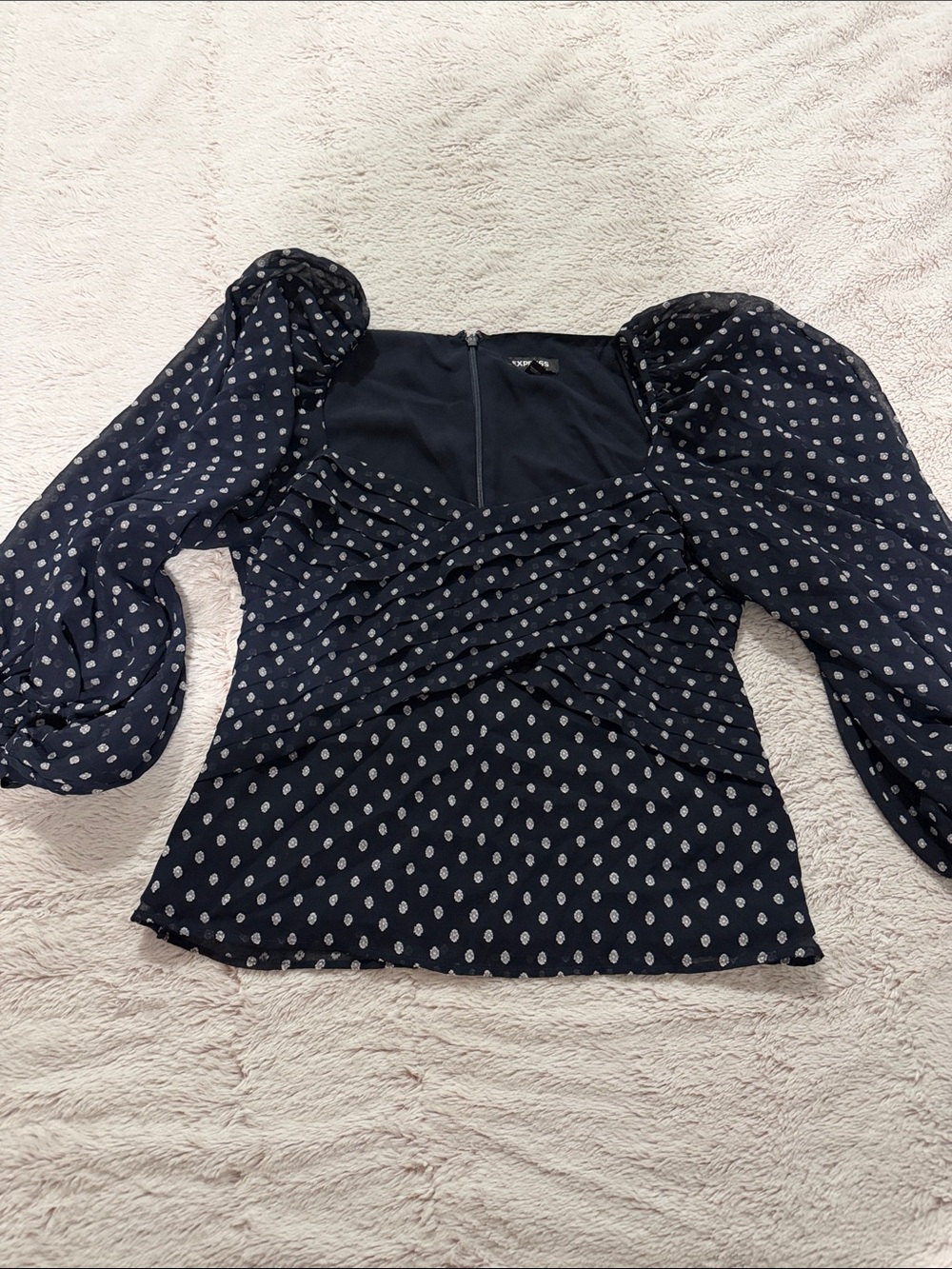 Express Navy Polka Dot Puff Sleeve Blouse